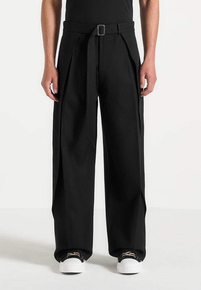 Charles - Wide Fit Wrap Leg Tailored Trousers - Black