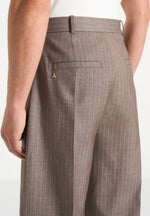 Charles - Wide Fit Wrap Leg Pinstripe Tailored Trousers - Taupe