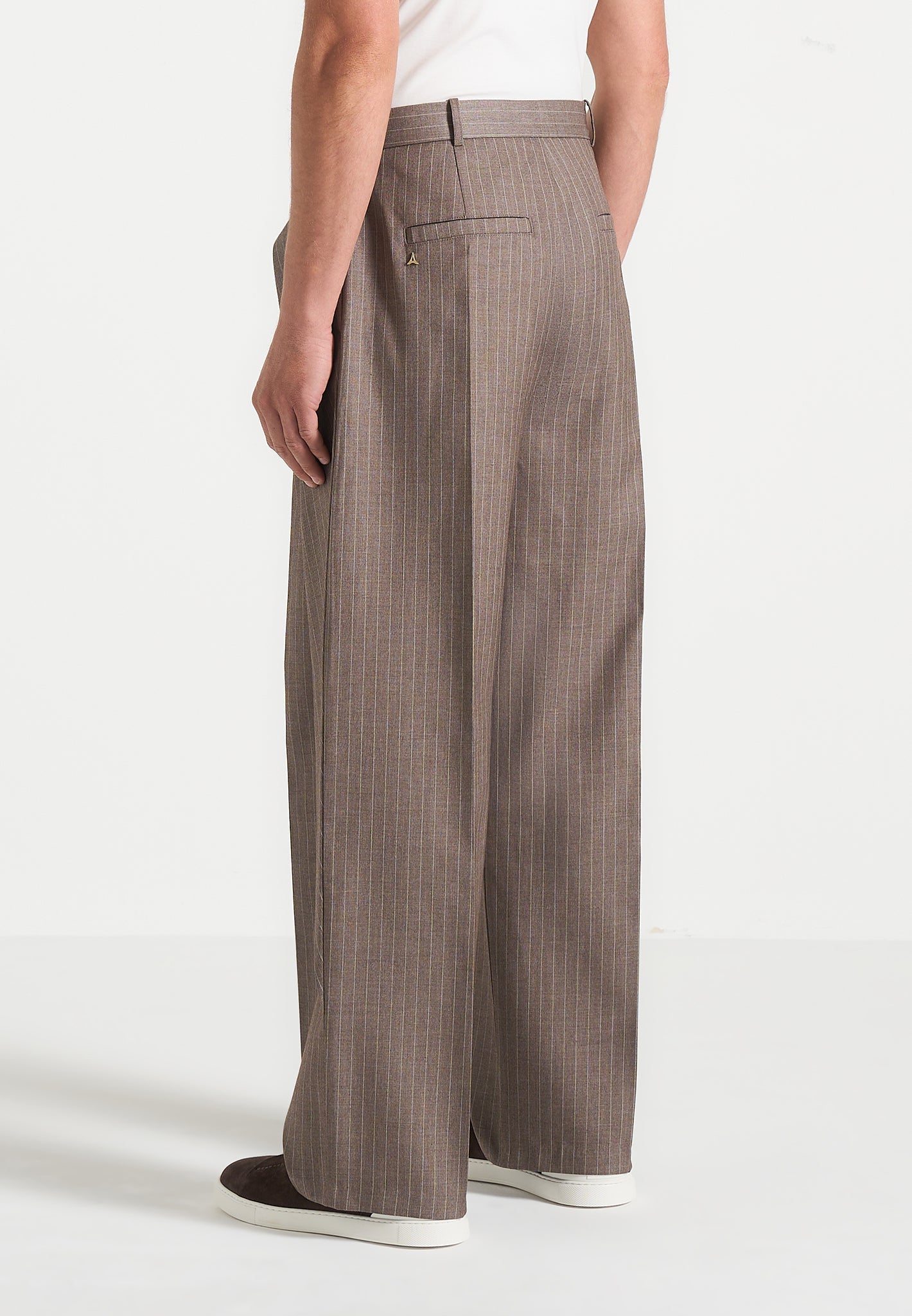 Charles - Wide Fit Wrap Leg Pinstripe Tailored Trousers - Taupe