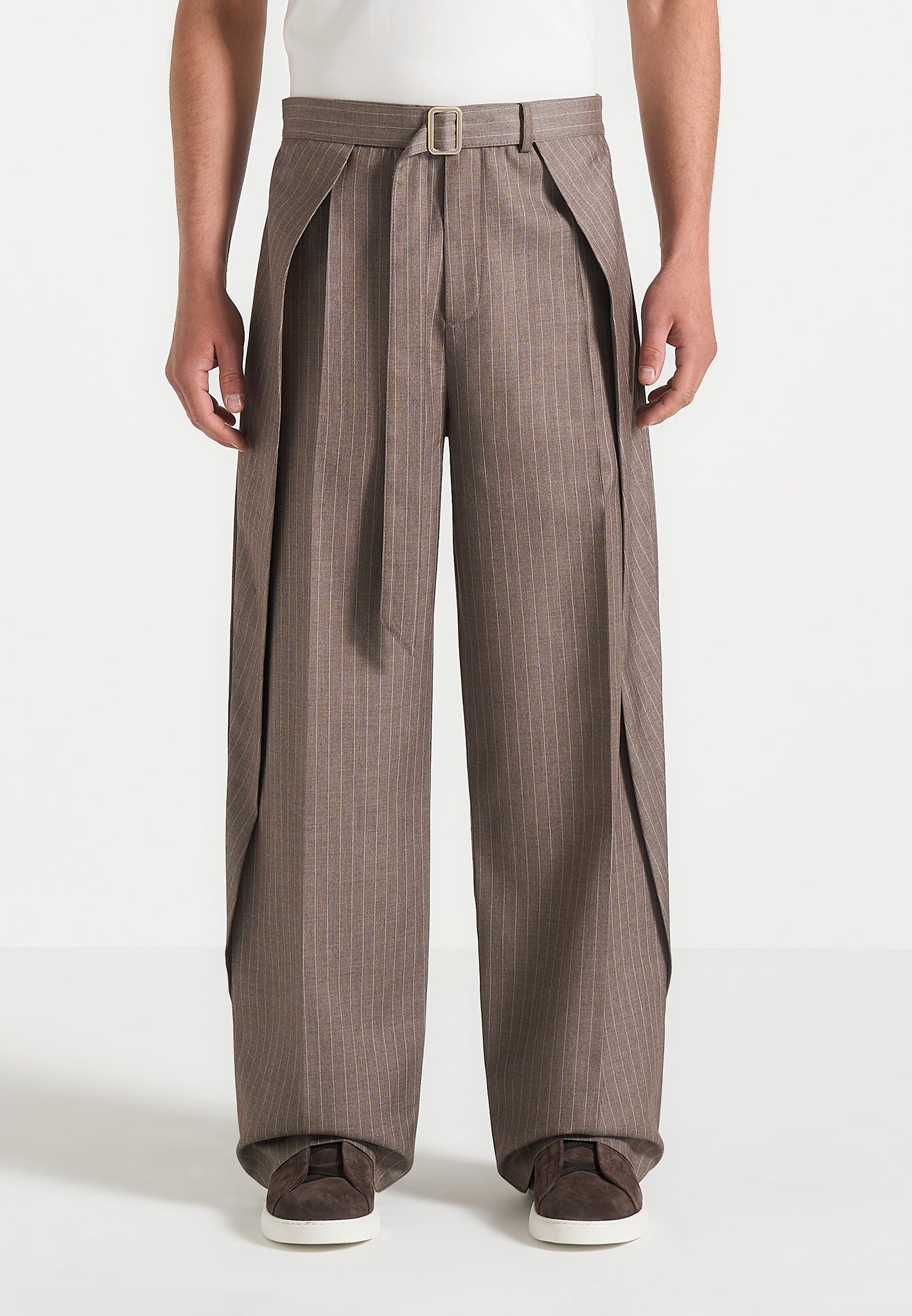 Charles - Wide Fit Wrap Leg Pinstripe Tailored Trousers - Taupe