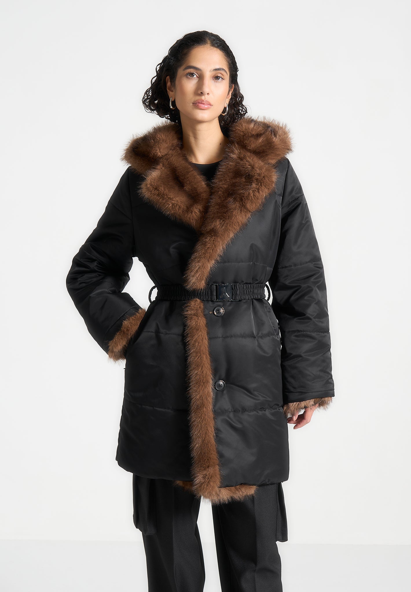 Alima Fur Longline Belted Coat Black Manière De Voir
