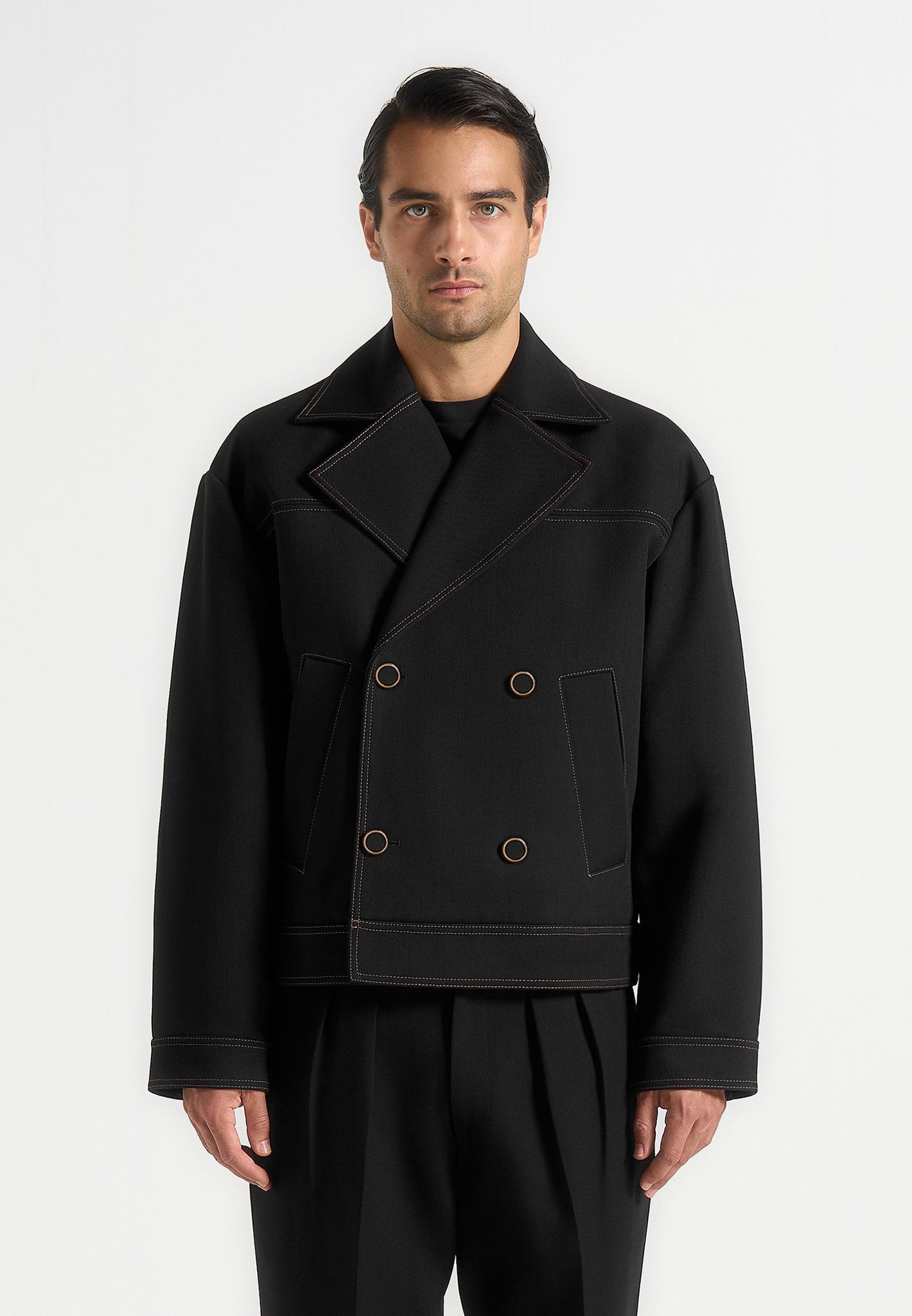 Mika - Unisex Tailored Double Breasted Jacket With Contrast Stitch - Black