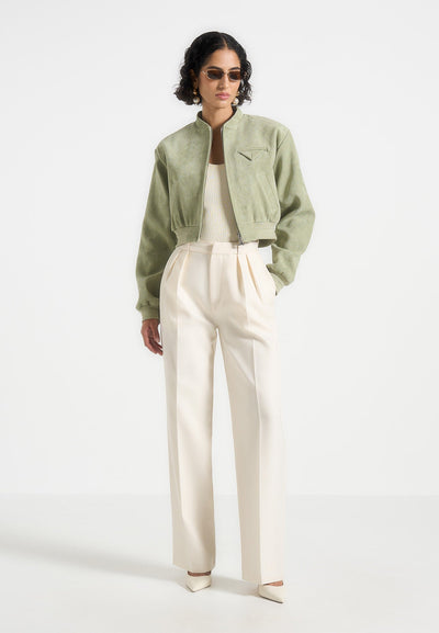 Monique - Suede Wide Shoulder Bomber Jacket - Sage