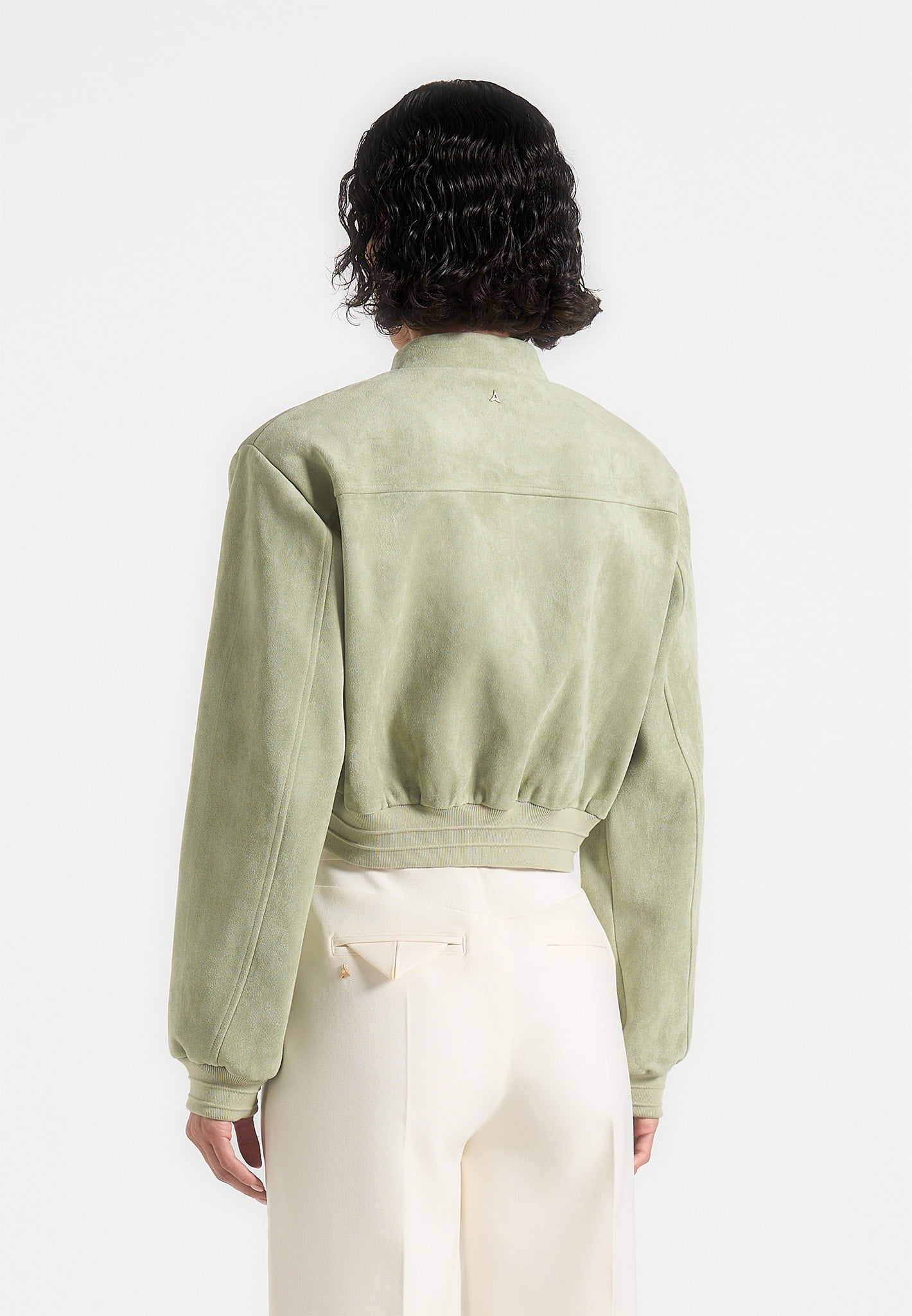 Monique - Suede Wide Shoulder Bomber Jacket - Sage