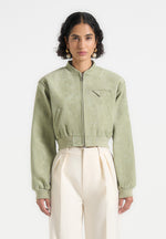 Monique - Suede Wide Shoulder Bomber Jacket - Sage