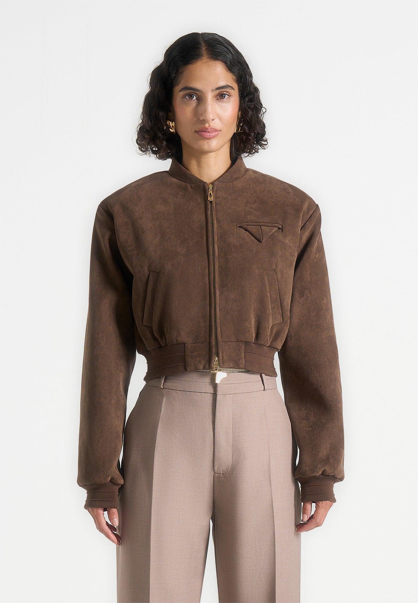 Monique - Suede Wide Shoulder Bomber Jacket - Brown