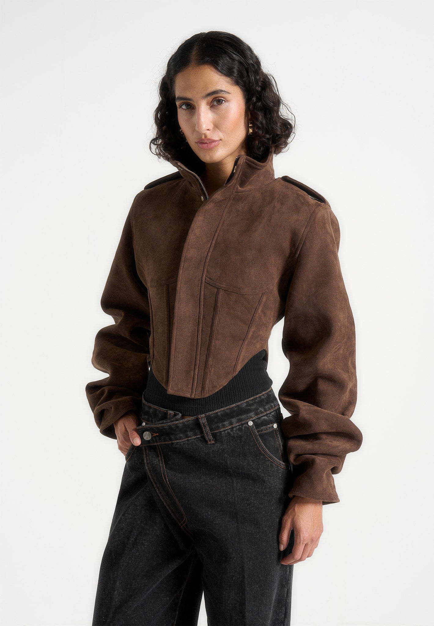Solange - Suede Tacked Sleeve Corset Jacket - Brown