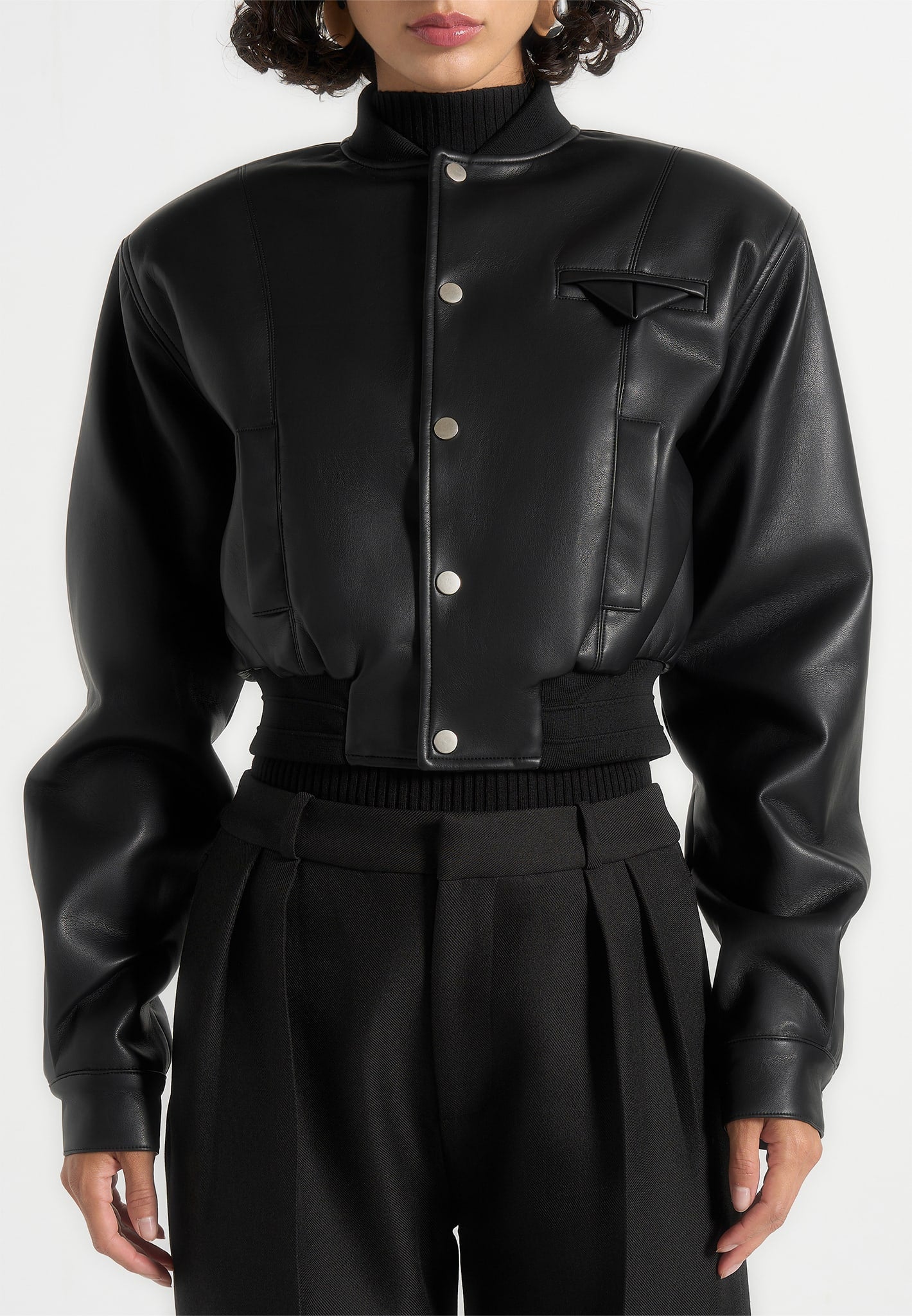 Zina - Leather Wide Shoulder Bomber Jacket - Black