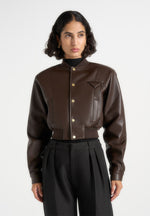 Zina - Leather Wide Shoulder Bomber Jacket - Brown
