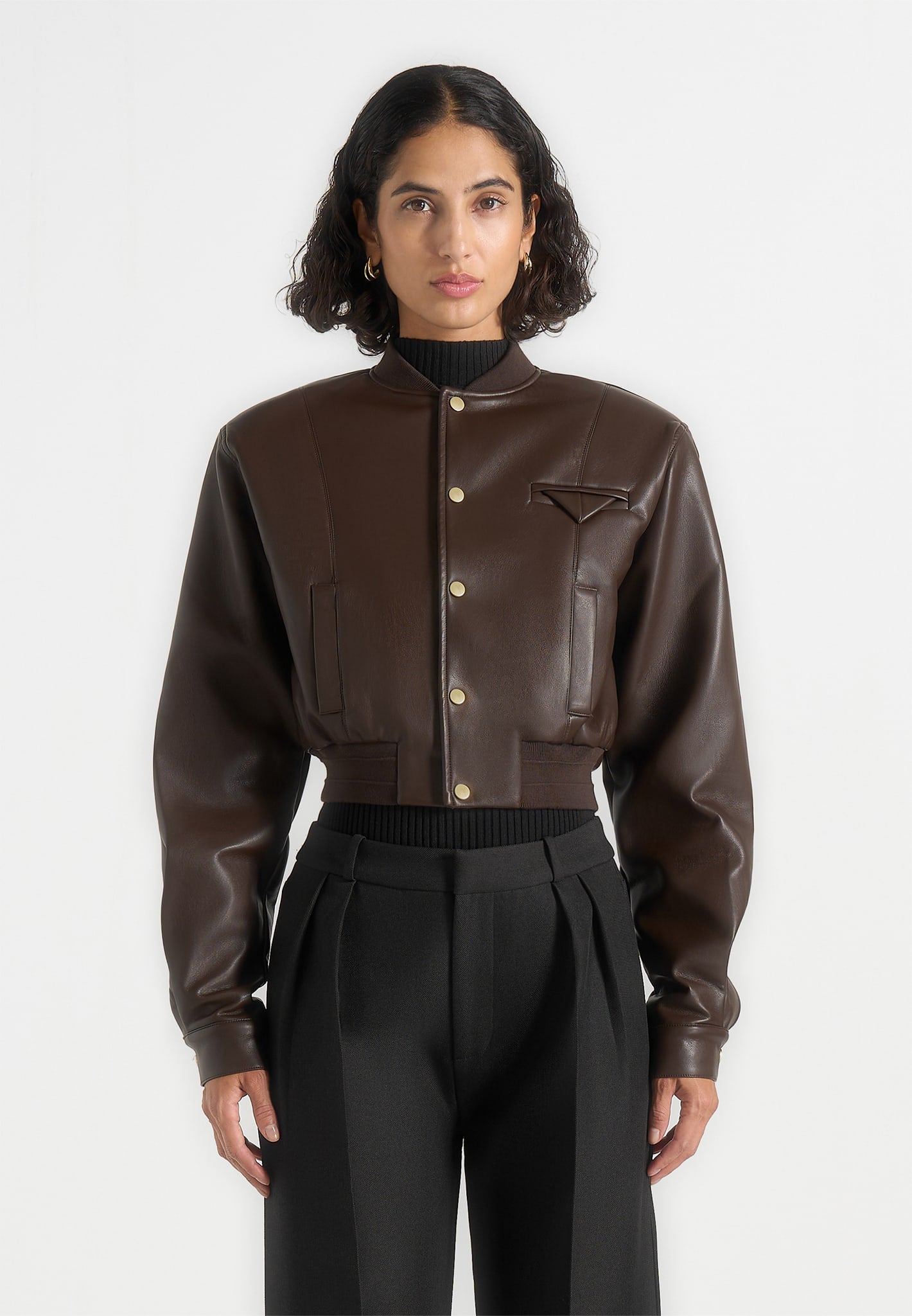 Zina - Leather Wide Shoulder Bomber Jacket - Brown