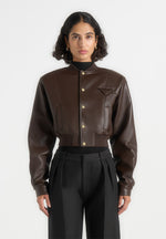 Zina - Leather Wide Shoulder Bomber Jacket - Brown