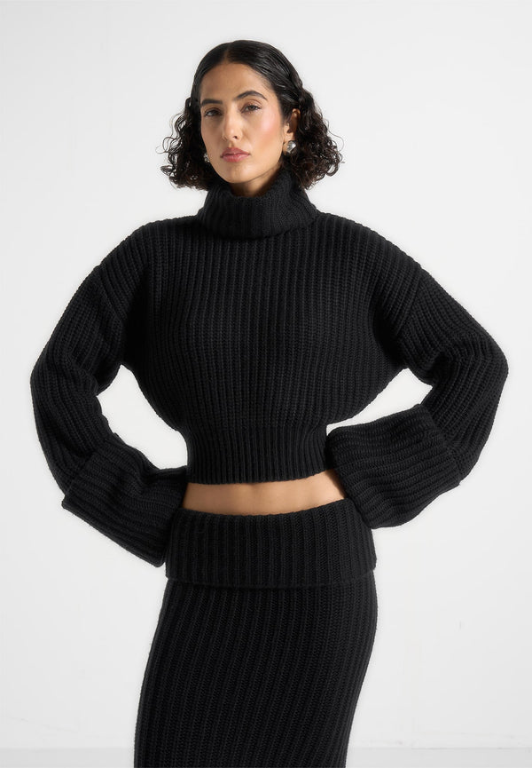 Amaya - Roll Neck Knit Jumper With Cuffs - Black