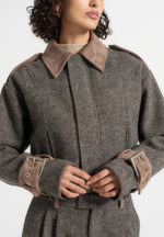 Galia - Herringbone and Suede Bungee Hem Jacket - Grey