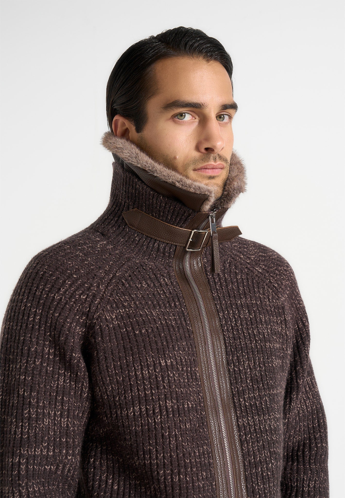 Ariel - Unisex Plush Collar Speckled Knit Jacket - Brown