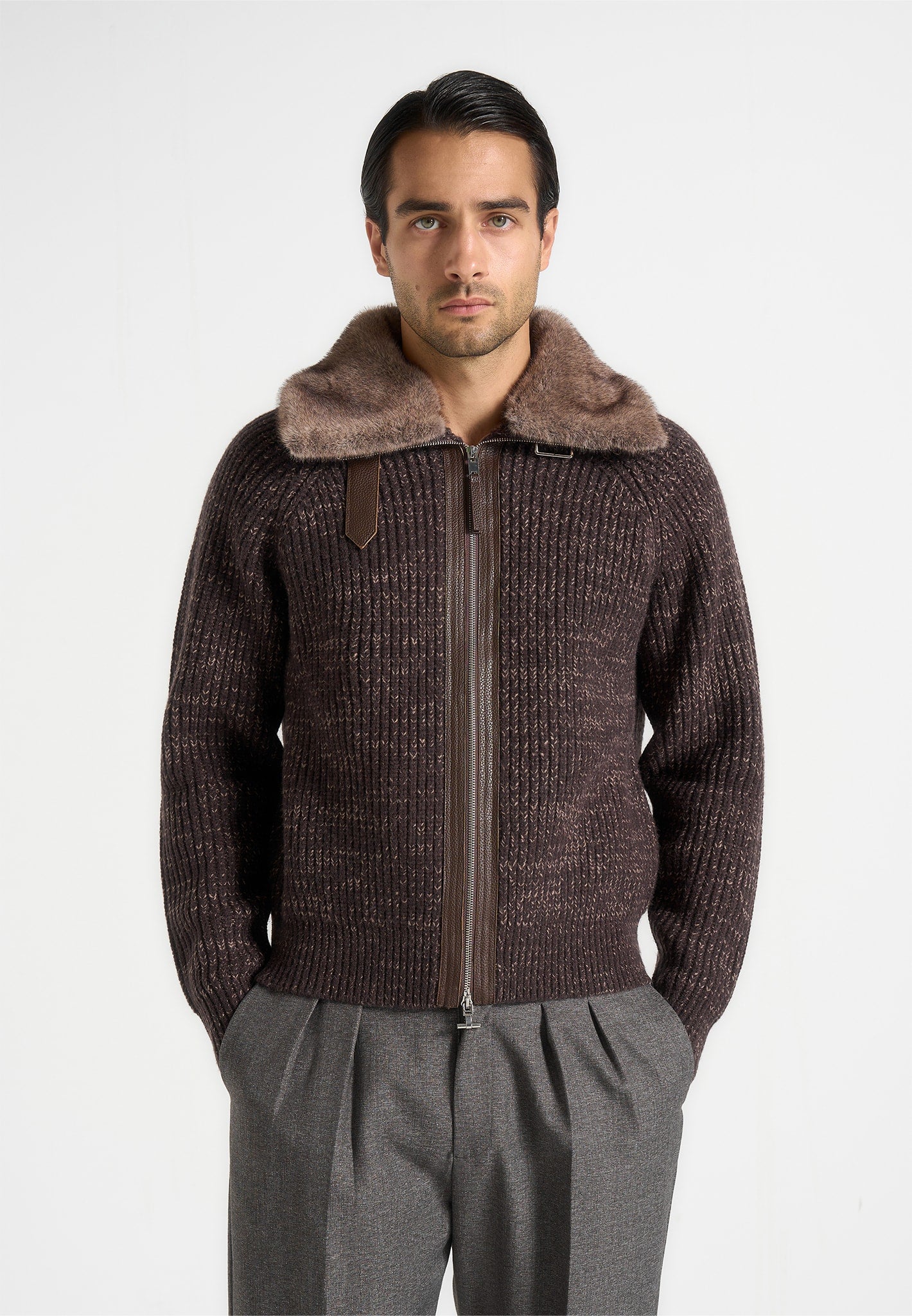 Ariel - Unisex Plush Collar Speckled Knit Jacket - Brown