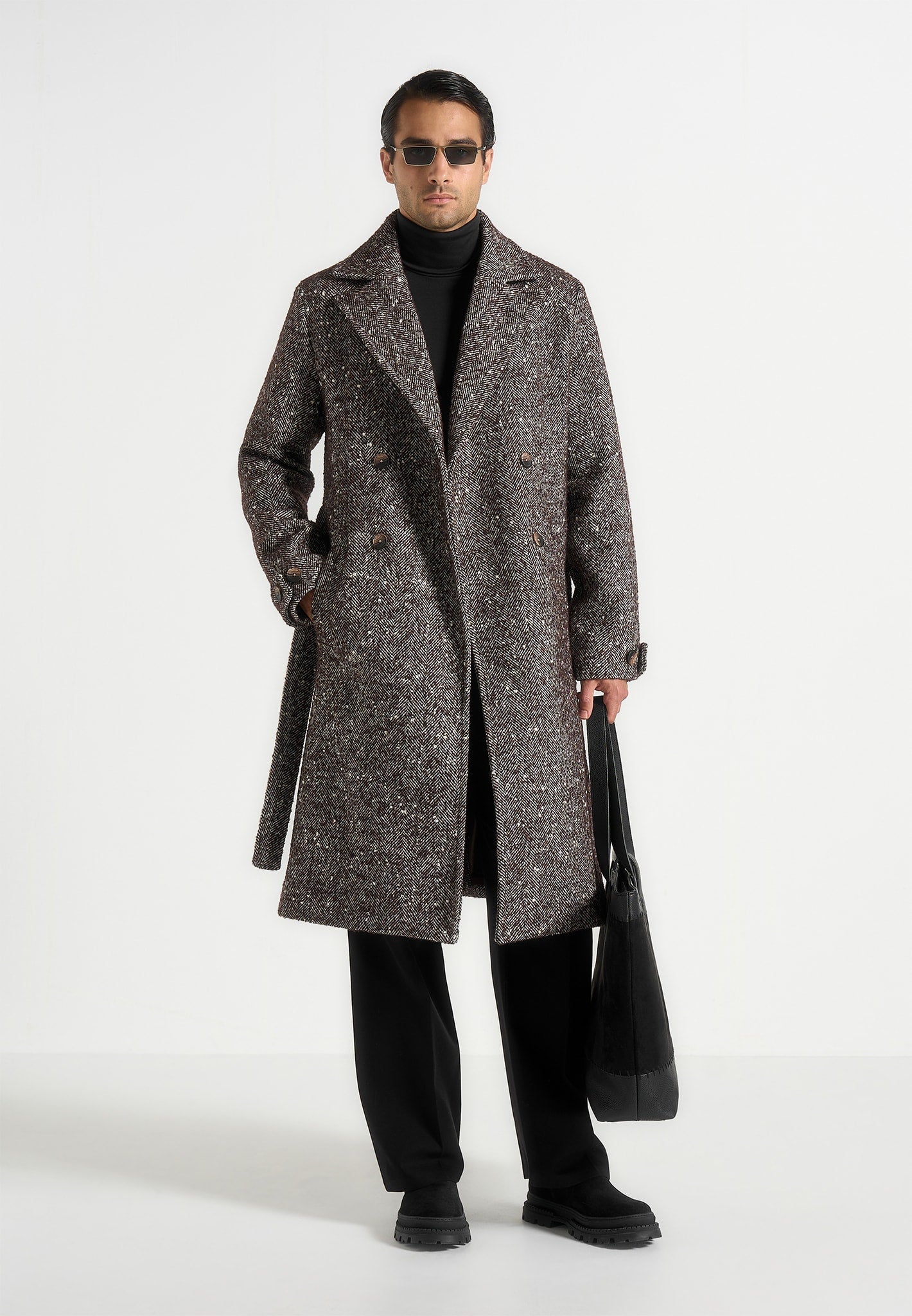 Ben - Herringbone Double Breasted Belted Coat - Brown