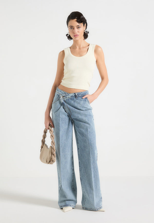 Astrid - Wrapover Wide Leg Jeans - Mid Blue