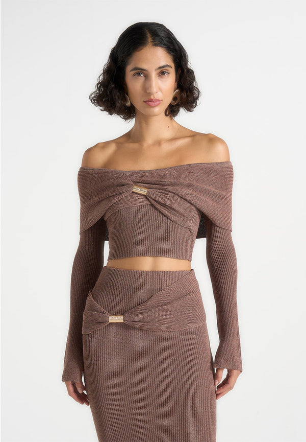 Shana - Asymmetric Bardot Top With Hardware Detail - Taupe