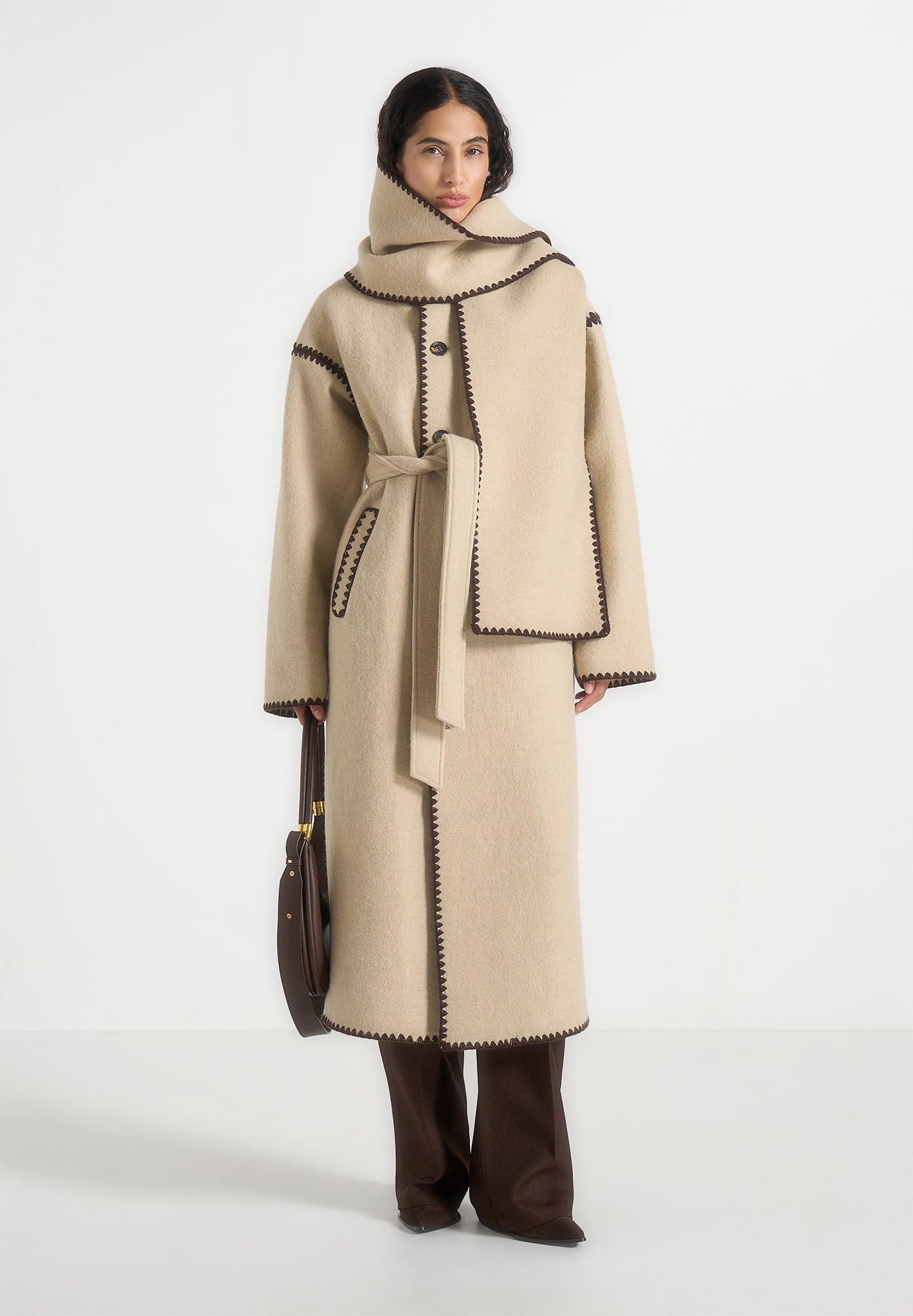 Elora Manteau Long Ceinturé Point Sellier en Laine Beige