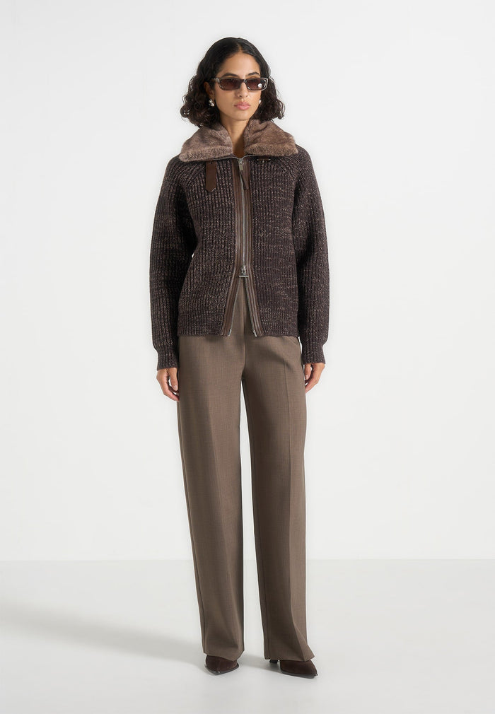 Ariel - Unisex Plush Collar Speckled Knit Jacket - Brown