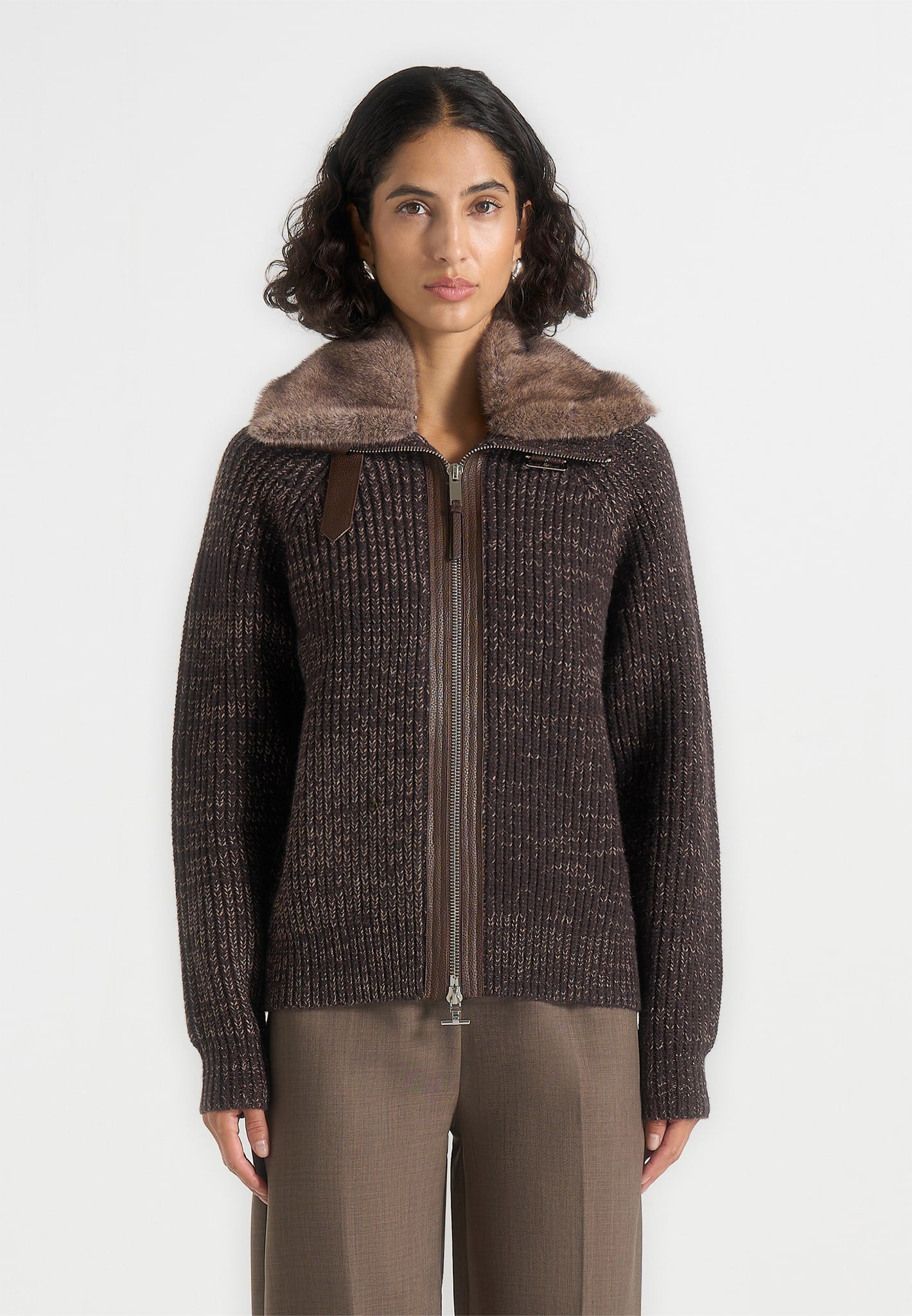 Ariel - Unisex Plush Collar Speckled Knit Jacket - Brown