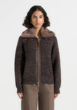 Ariel - Unisex Plush Collar Speckled Knit Jacket - Brown