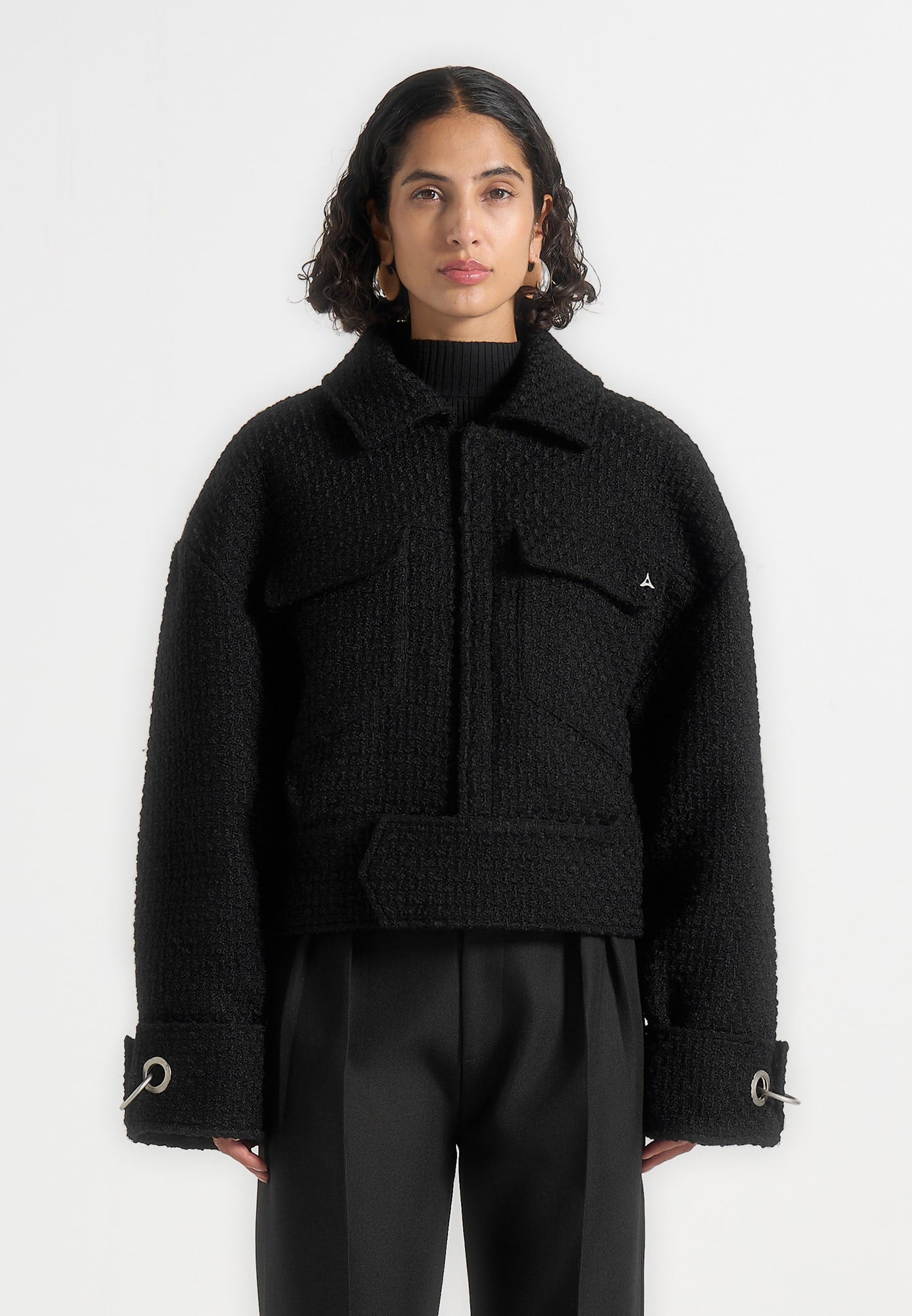 Naela - Boxy Tweed Jacket With Cuff Detail - Black