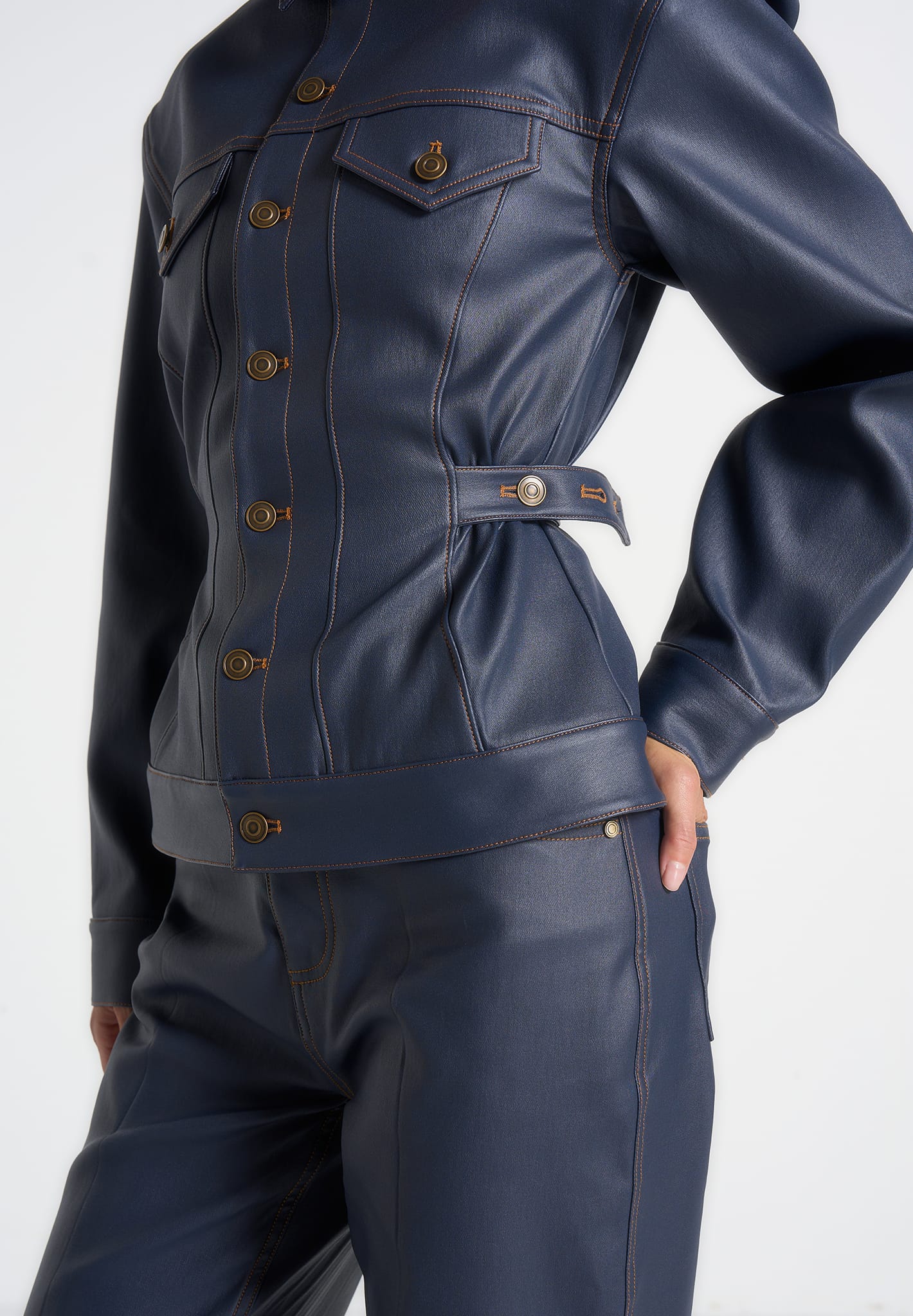 Karla - Wax Effect Cinch Waist Jacket - Indigo