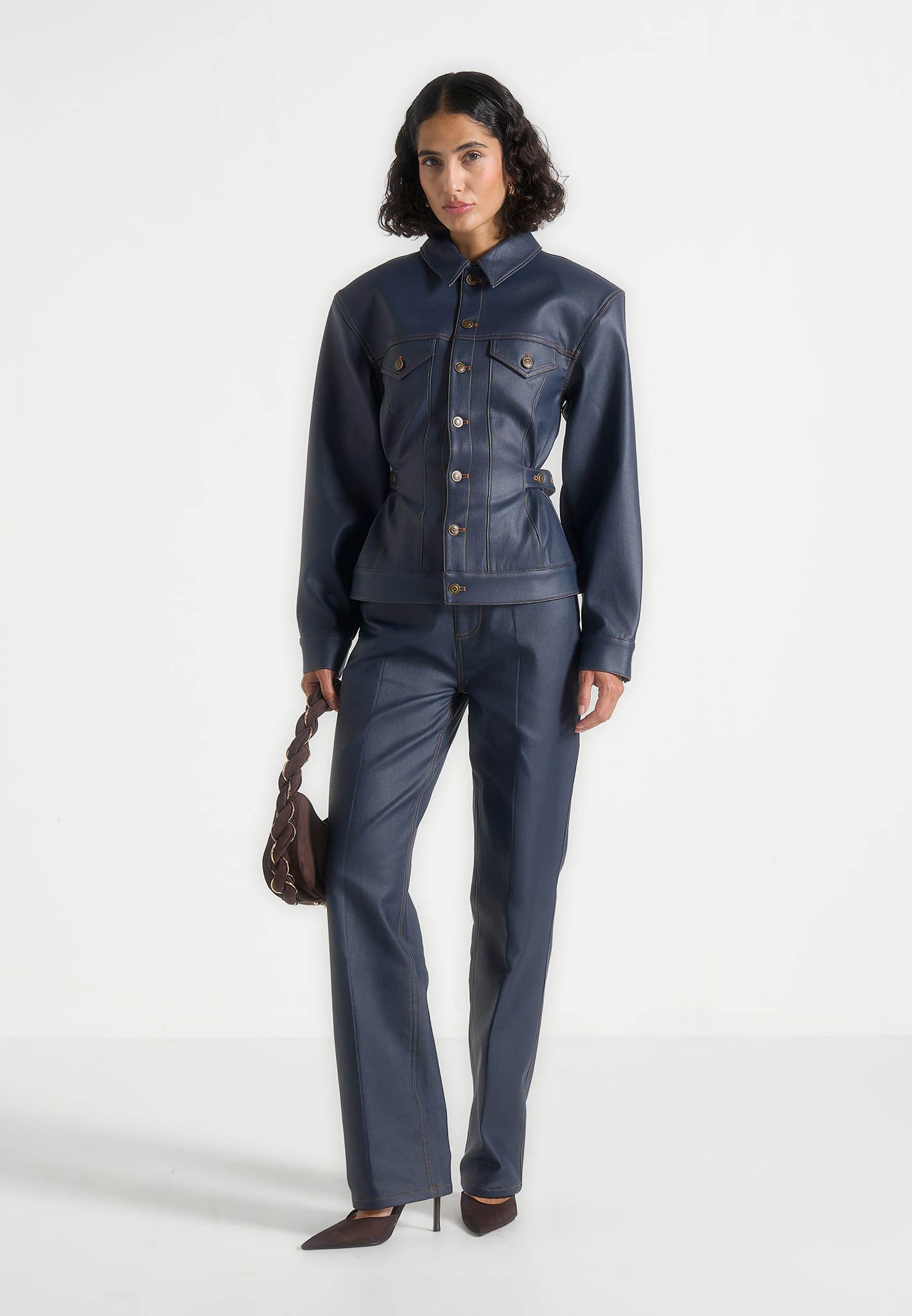 Karla - Wax Effect Cinch Waist Jacket - Indigo