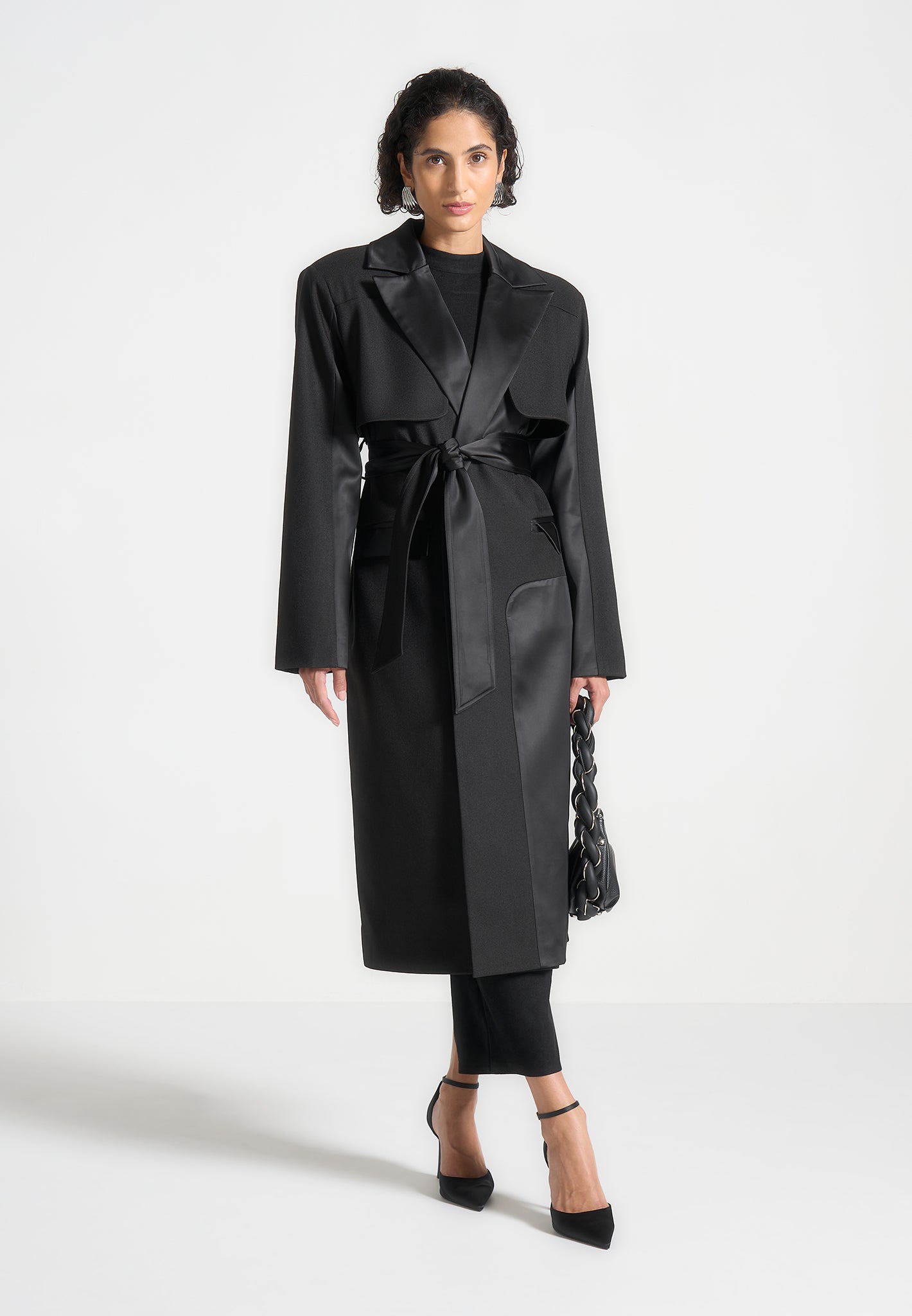 Ilona Tailored Satin Trench Coat Black
