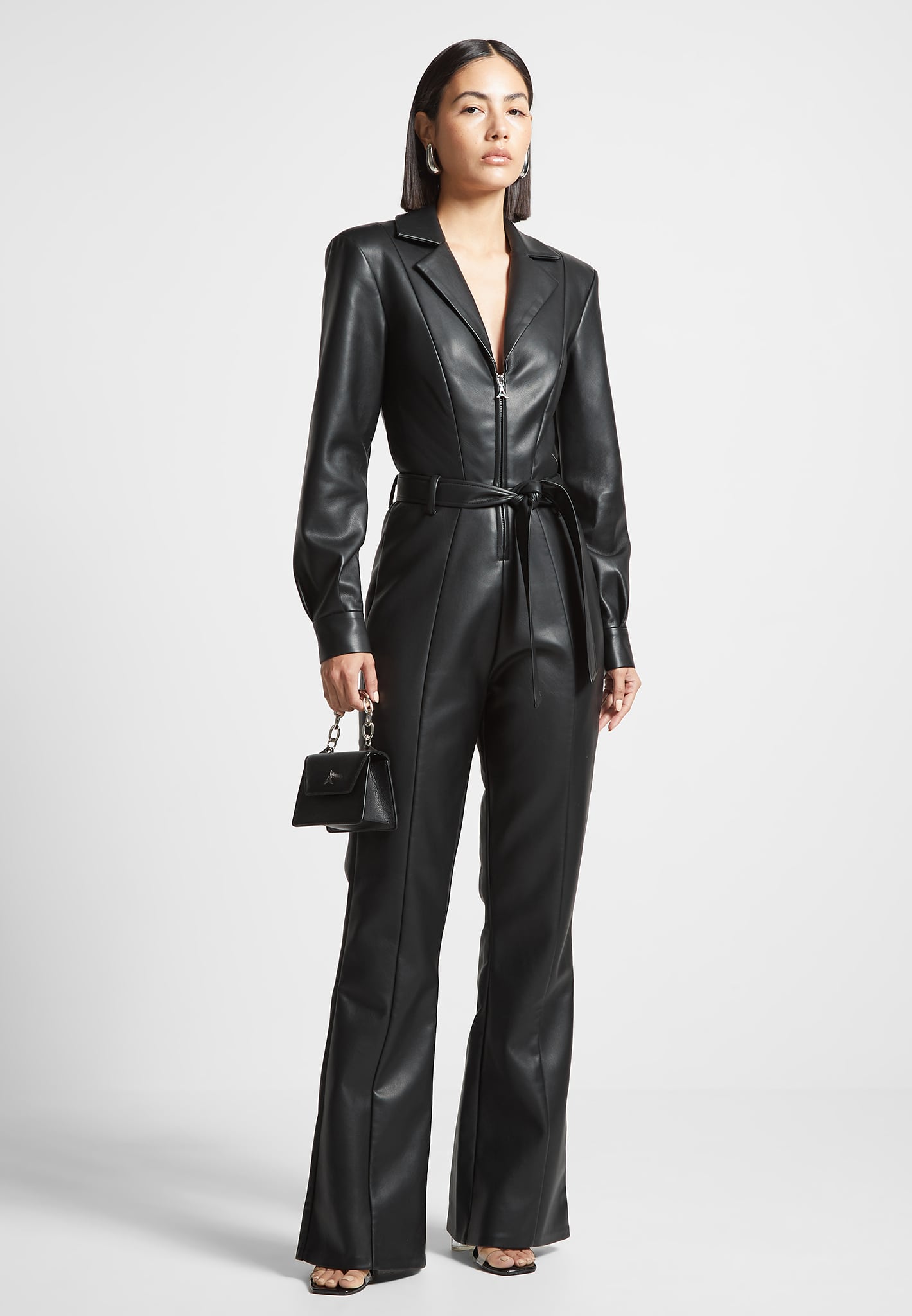 Koucla Leder Look Langarm Long Jumpsuit mit Gürtel S Koucla Leder Look Langarm Long Jumpsuit mit Gürtel S