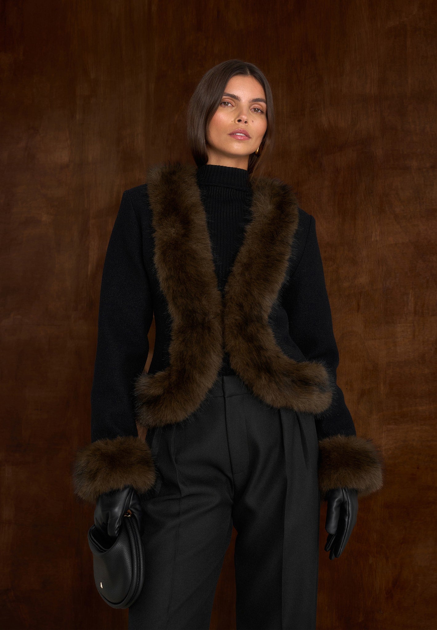 Lina - Sculpted Wool & Fur Trim Jacket - Black