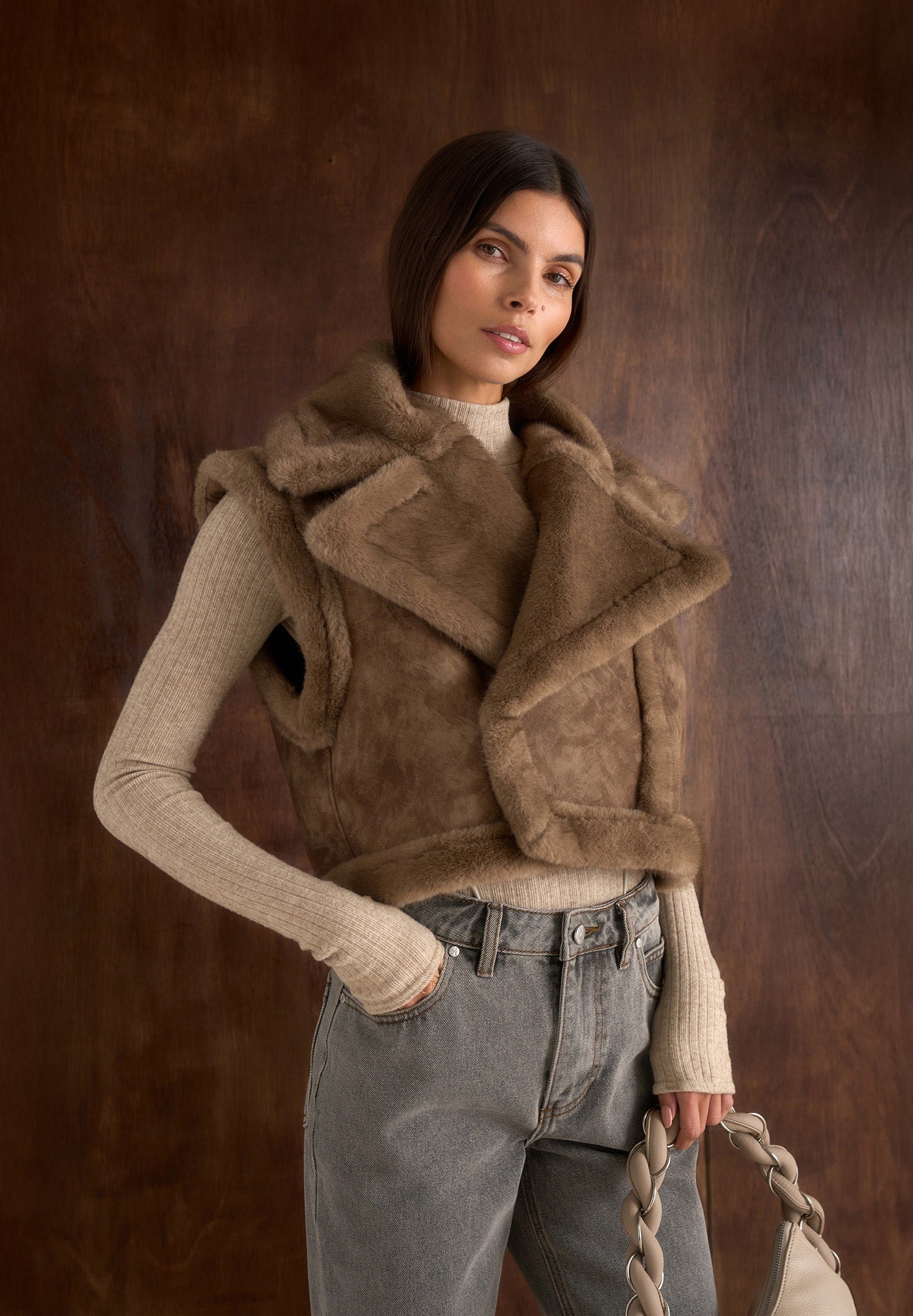 Kena - Vintage Leather & Plush 2-in-1 Gilet Jacket - Taupe