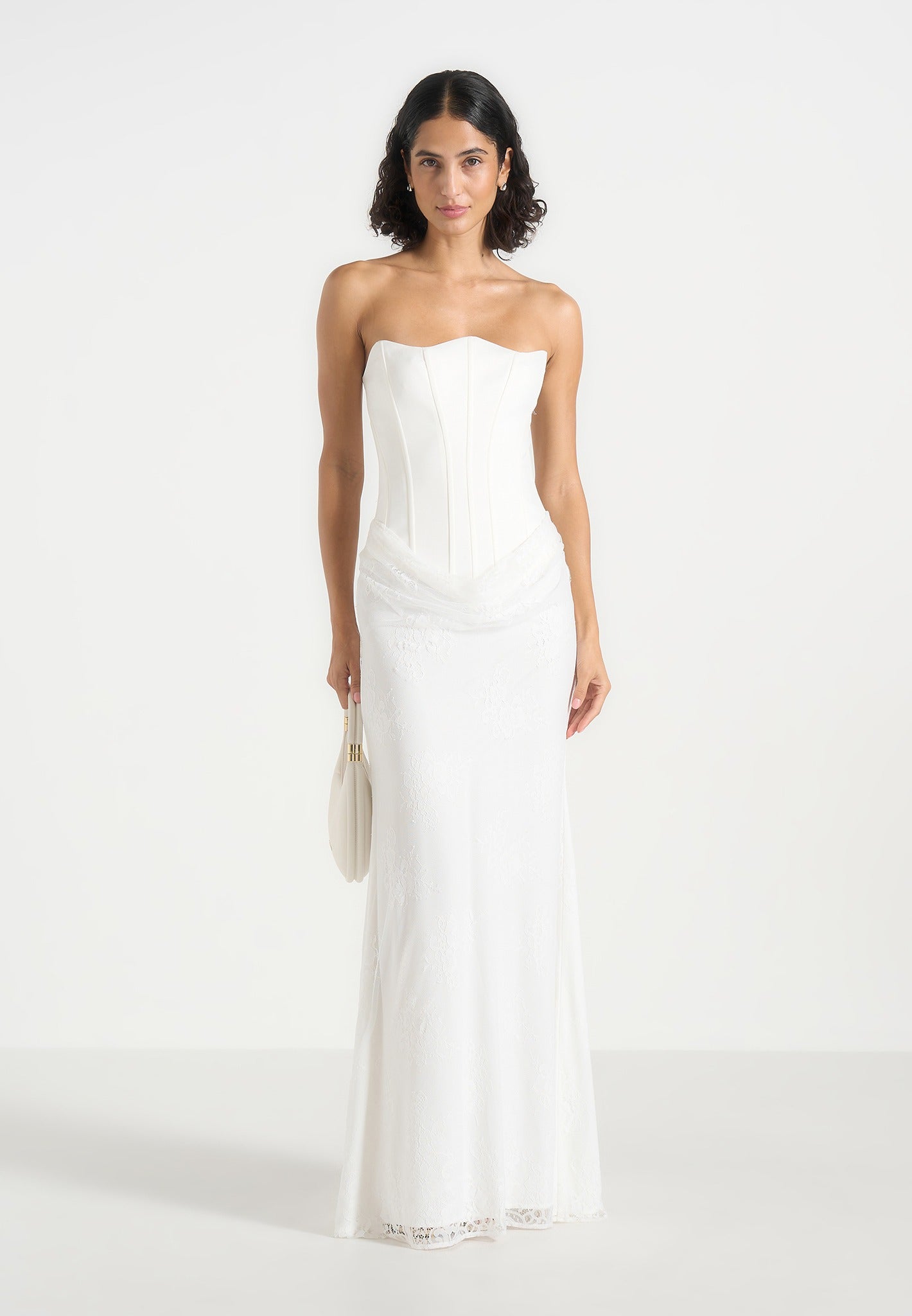 Corina - Satin Corset Cowl Lace Maxi Dress - White