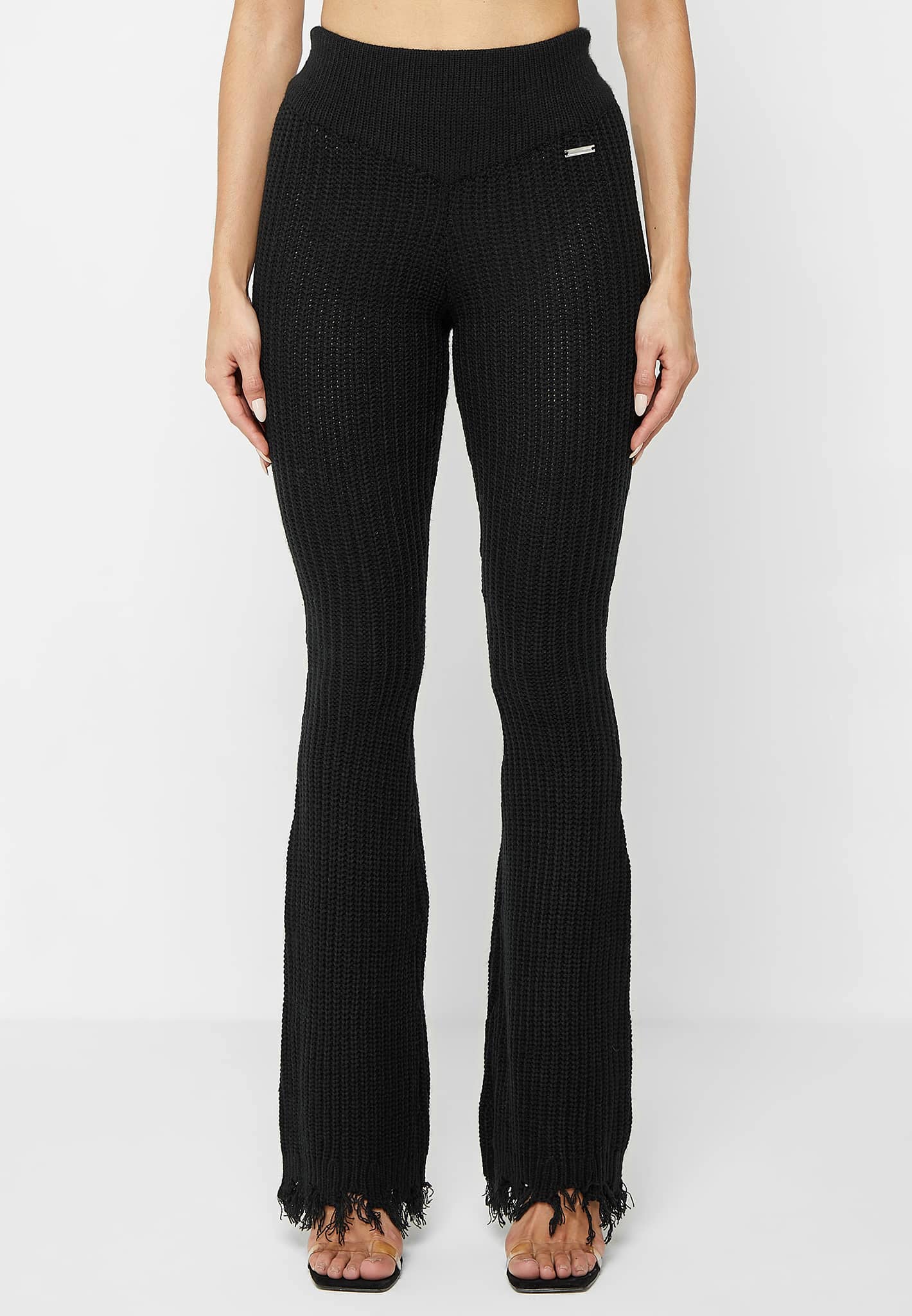 Distressed Ribbed-knit Flared-leg Trousers