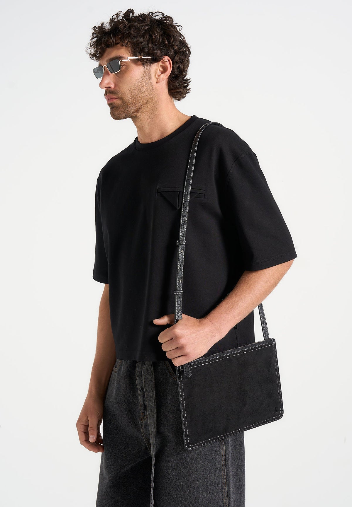 Elio - Suede Contrast Stitch Crossbody Bag - Black