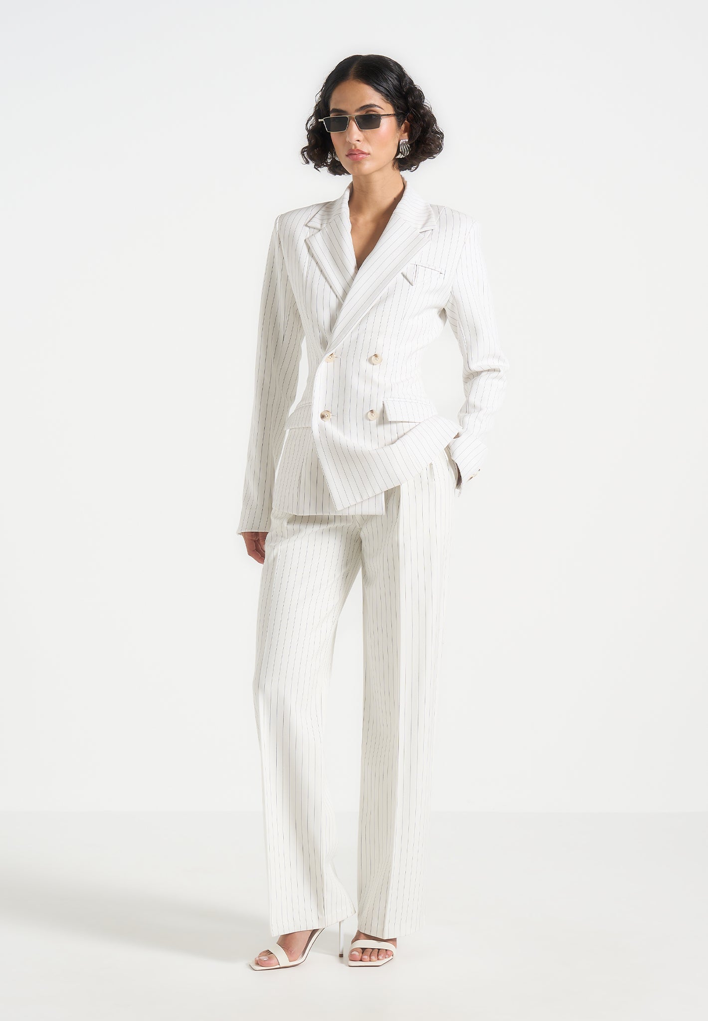 Maia - Pinstripe Double Breasted Blazer - White 