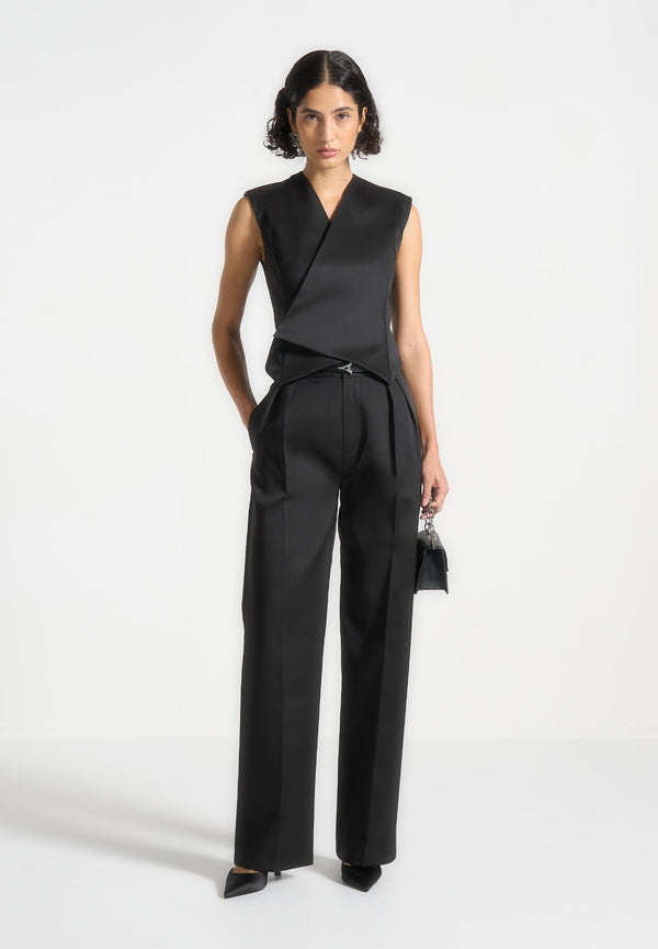 Julie - Sateen Tailored Twin Pleat Trousers - Black