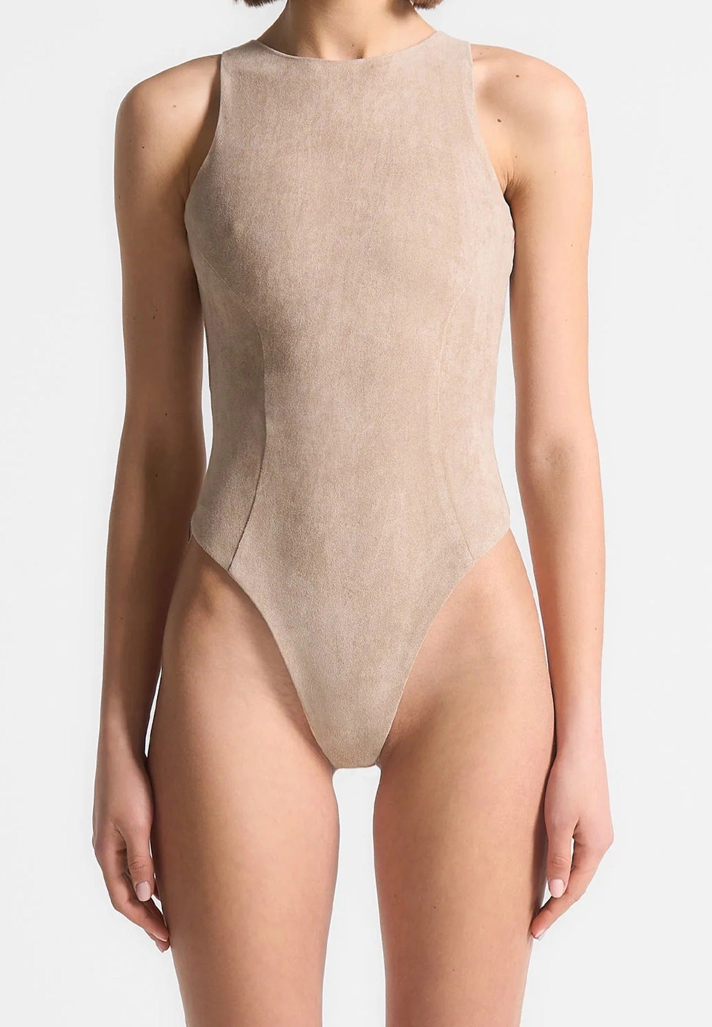 Adele - Suede Racer Neck Bodysuit - Taupe