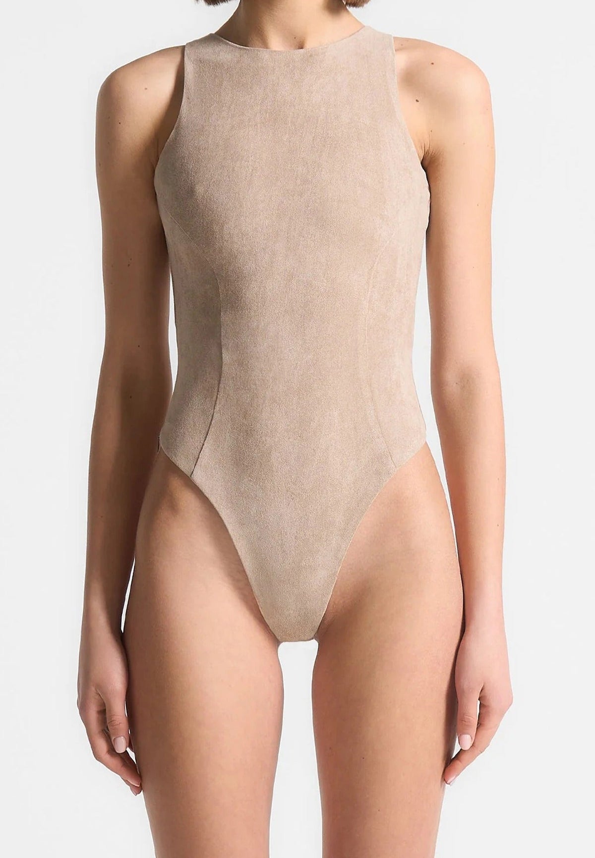 Adele - Suede Racer Neck Bodysuit - Taupe
