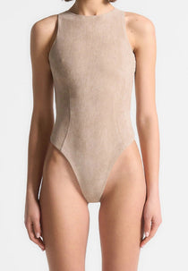 Adele - Suede Racer Neck Bodysuit - Taupe