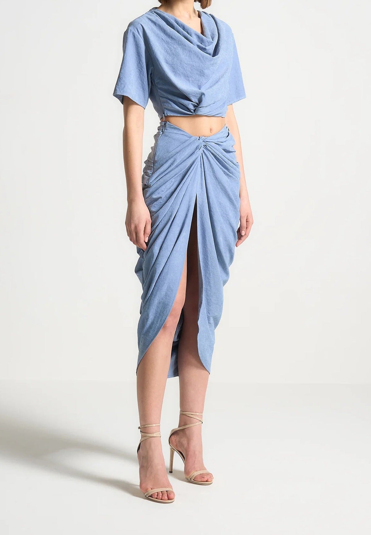 Asymmetric Drape Midaxi Skirt - Blue
