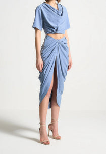 Asymmetric Drape Midaxi Skirt - Blue