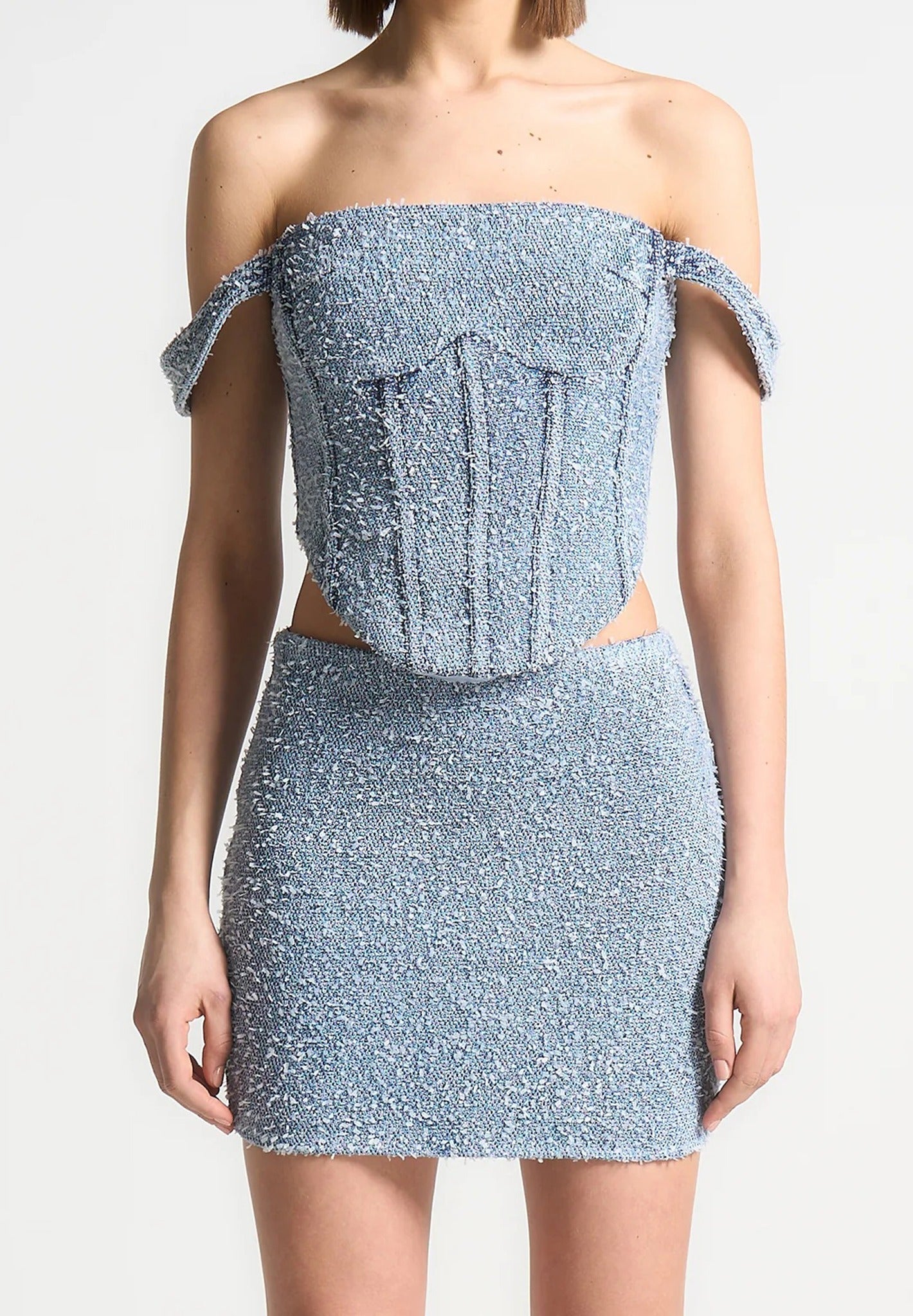 Bonnie - Boucle Denim Bardot Corset Top - Mid Blue