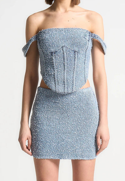 Bonnie - Boucle Denim Bardot Corset Top - Mid Blue