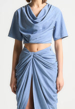 Cowl Neck Drape T-Shirt - Blue