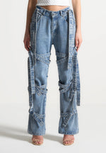 Talia - Denim Strap Cargo Jeans - Mid Blue