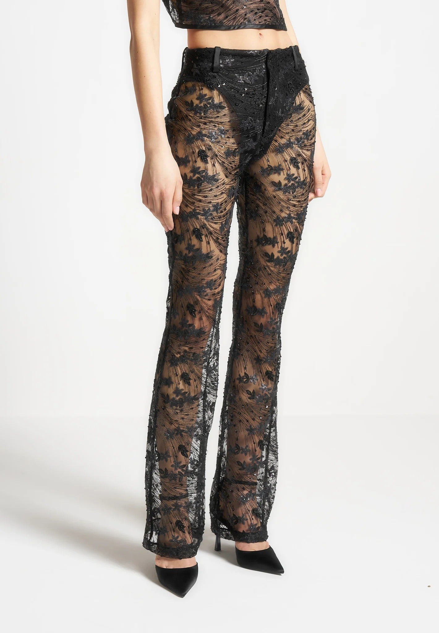 Embellished Lace Fit and Flare Pants - Black