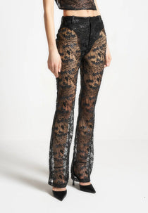 Embellished Lace Fit and Flare Pants - Black
