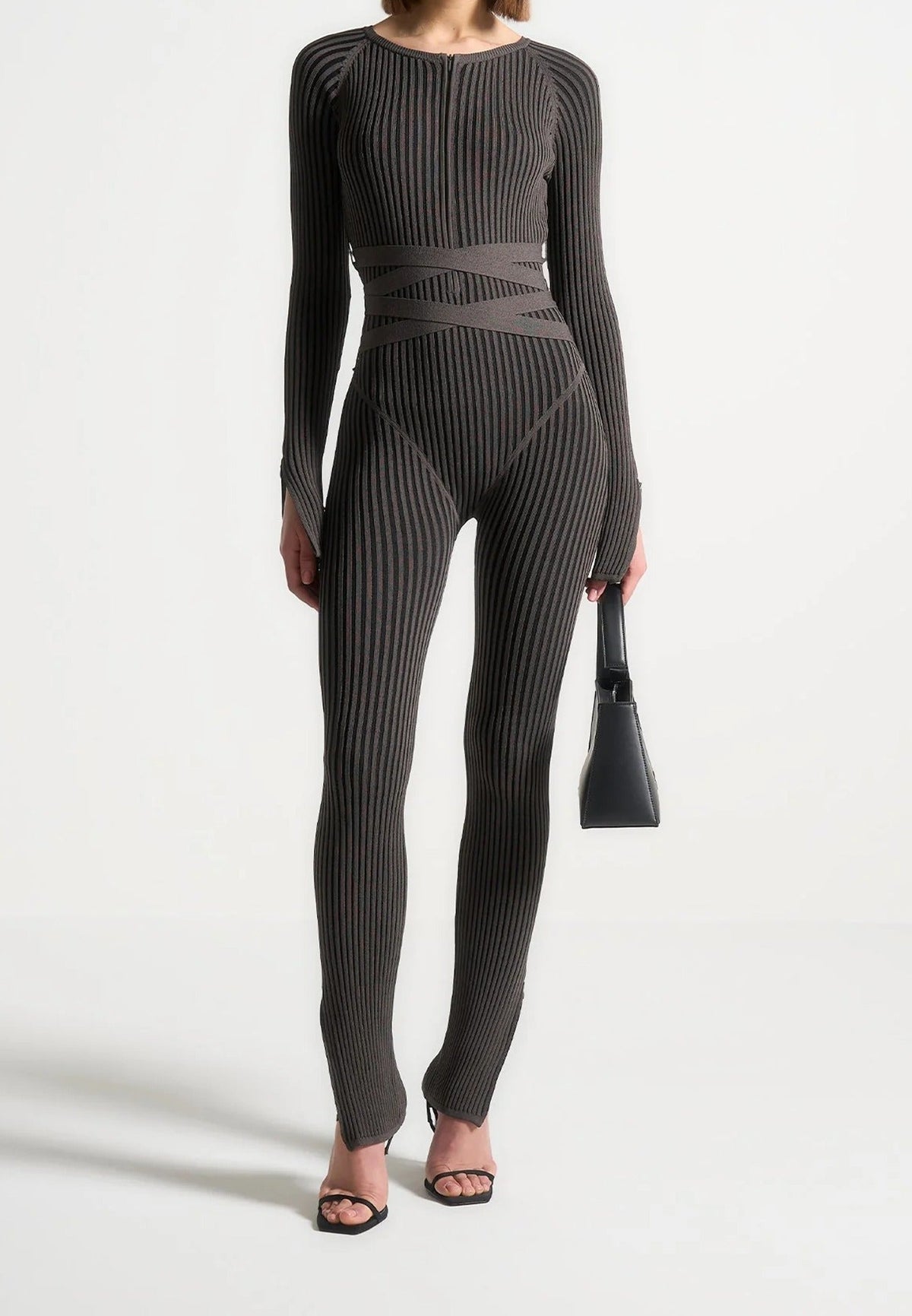 Knitted Two Tone Jumpsuit with Belt - Grey/Black